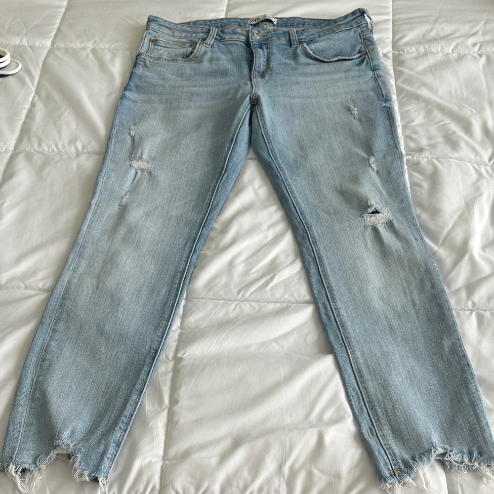 Zara Light Blue Distressed Boyfriend Jeans
